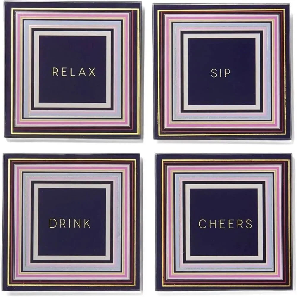 Trina Turk Glass Coasters Set 4 Gold White Bar Cart Decor Hostess Gift NWT